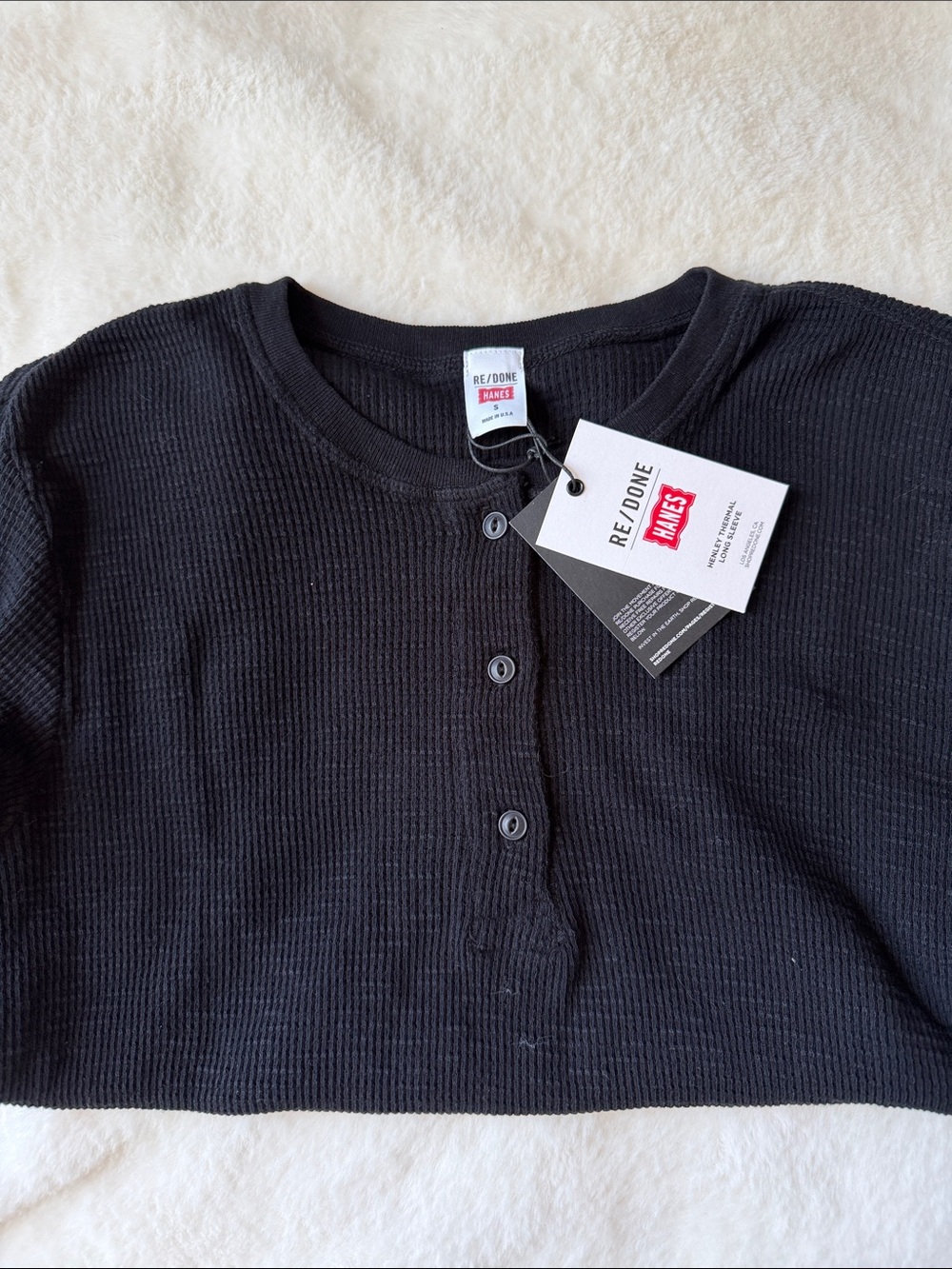 Re/Done Black Long Sleeve Henley Tee